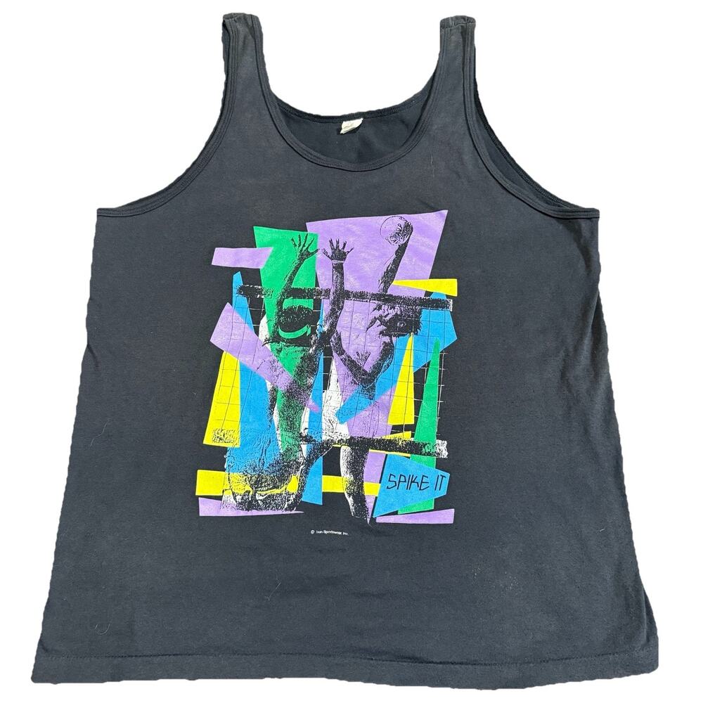 Vintage Spike It Volleyball Graphic Tank Top Black Single Stitch